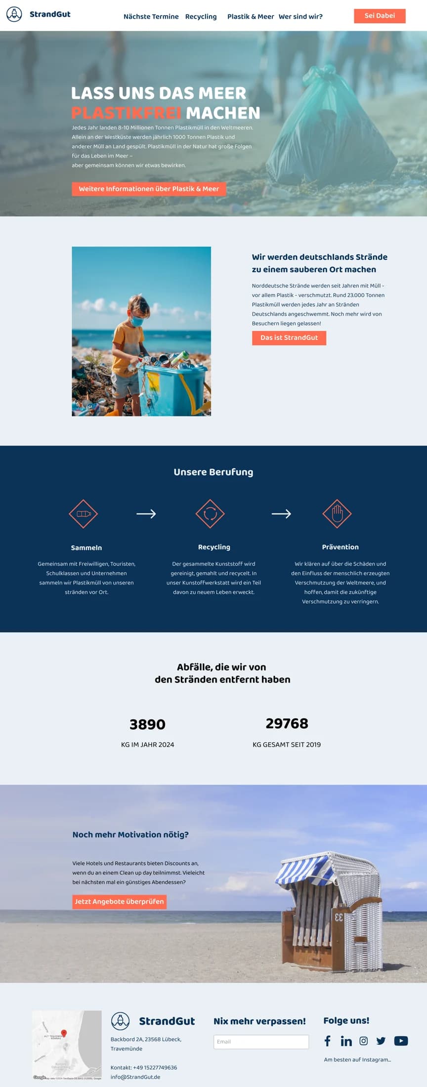 Vollständige StrandGut-Desktop-Startseite mit Beach-Clean-up-Titelbereich, Community, Recyclingschritten, Statistiken und Footer.